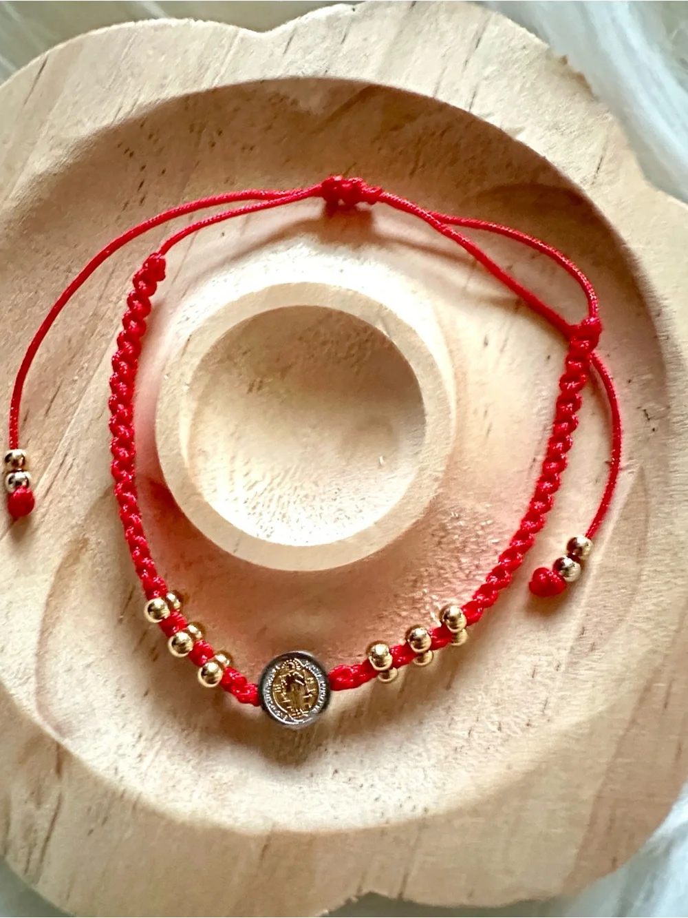 Handmade Red Adjustable String Bracelet with St. Benedict Medal